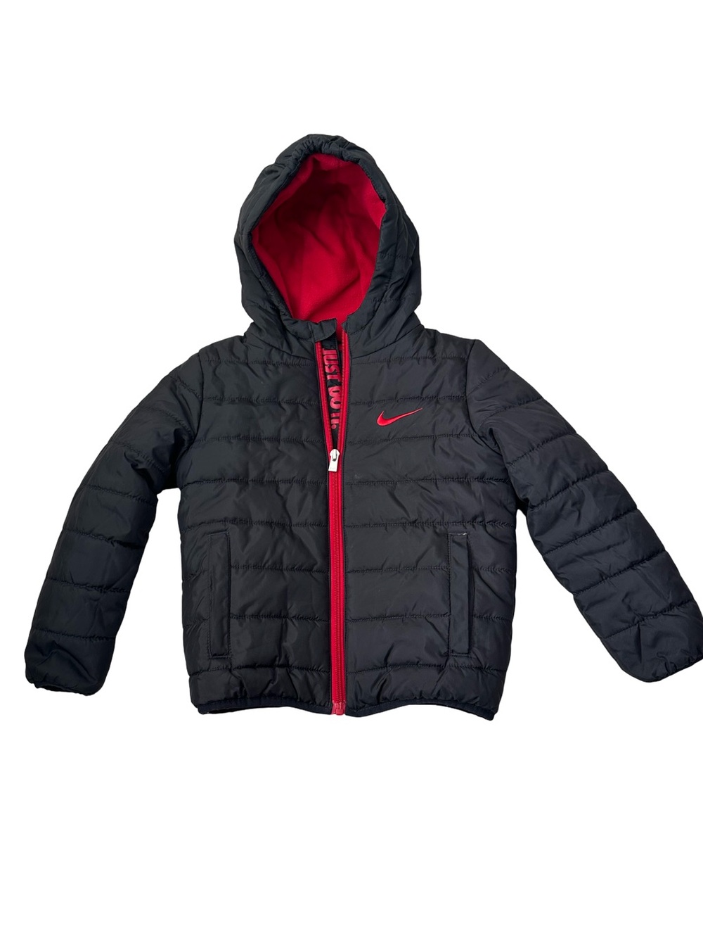 Nike Toddler Boys 4T Puffer Jacket Black Red Fleece Lined Hooded Winter Coat